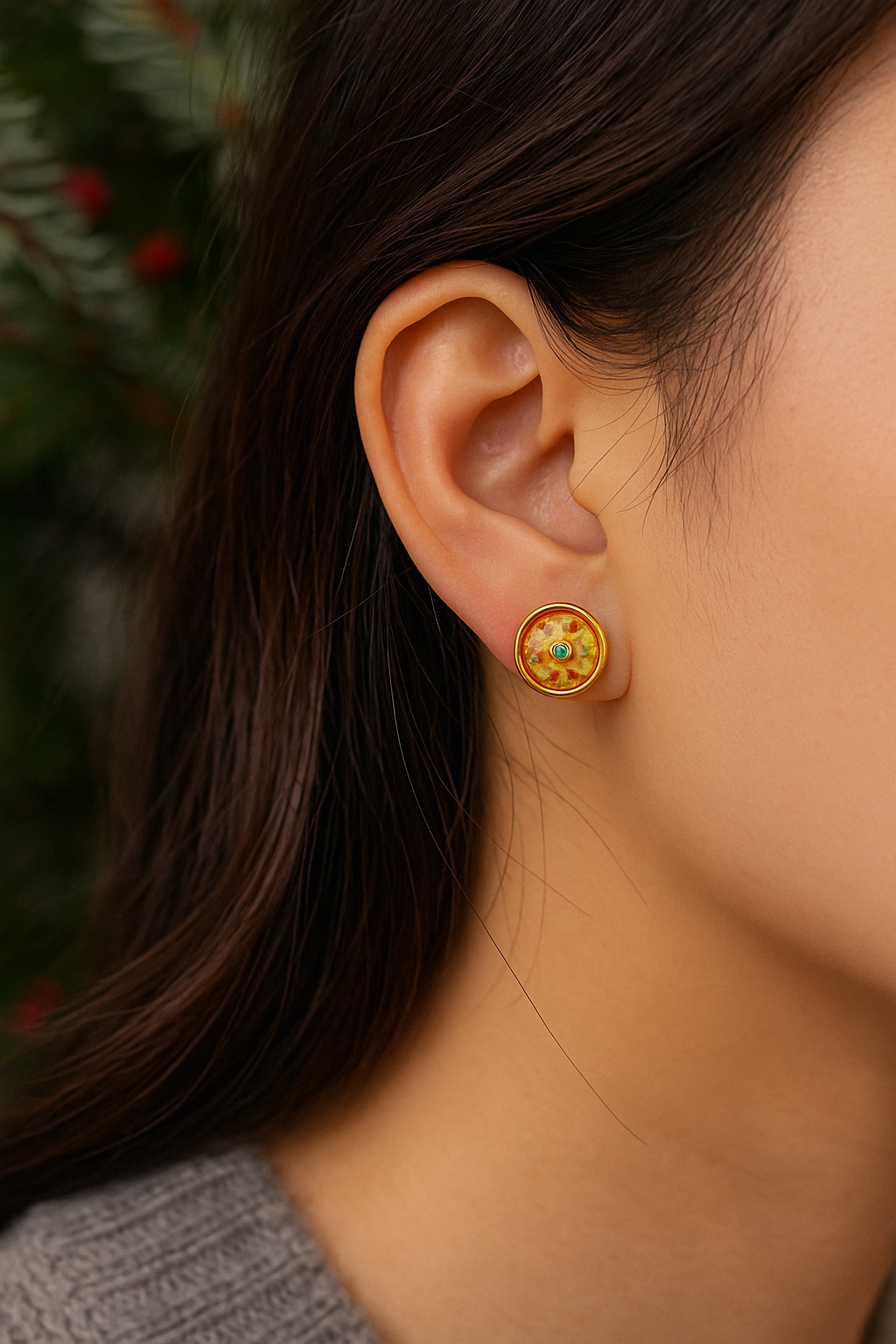 Natural Floral Amber Donut Earrings