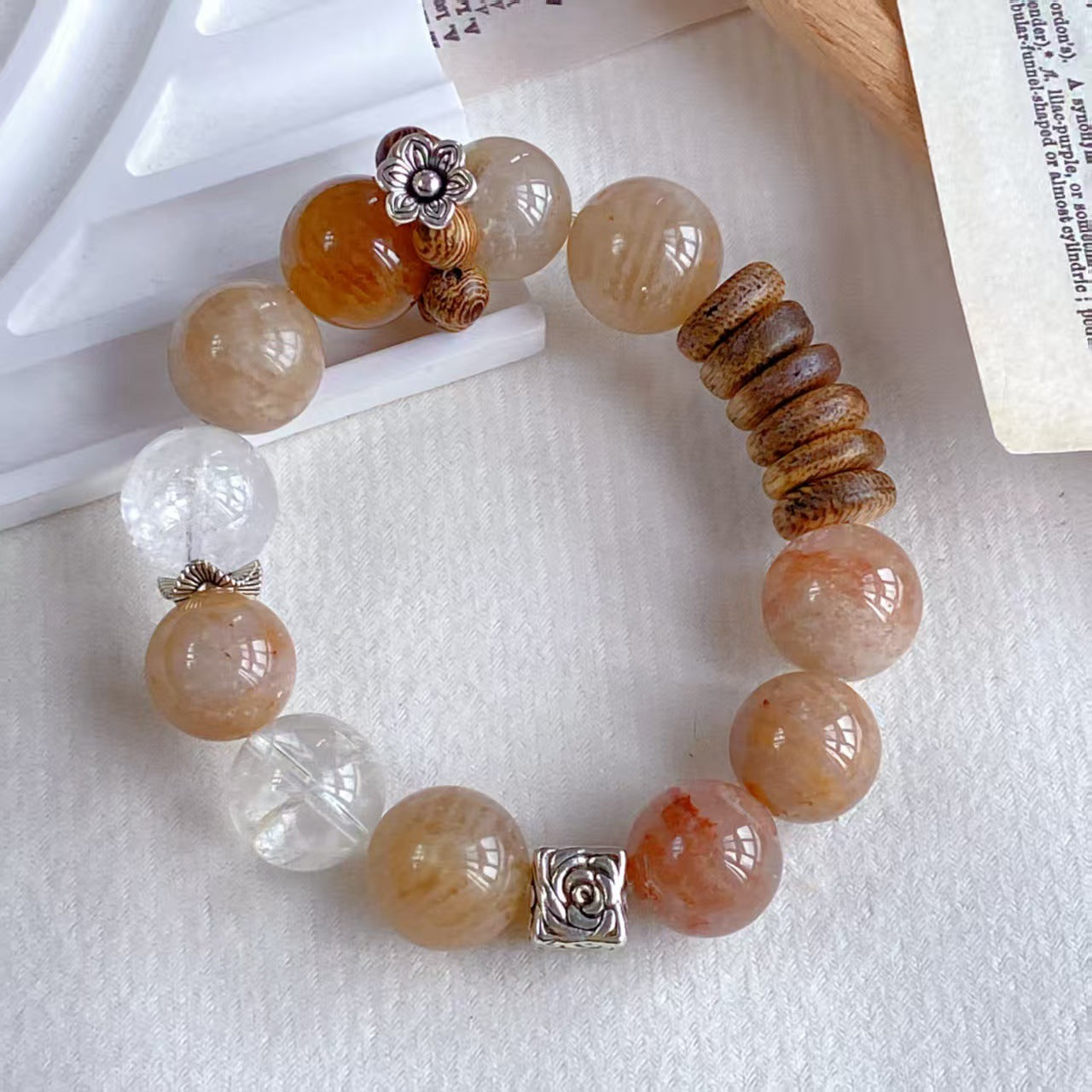 Natural Phantom Quartz, Rabbit-Hair Quartz & Agarwood Wooden Bead Bracelet