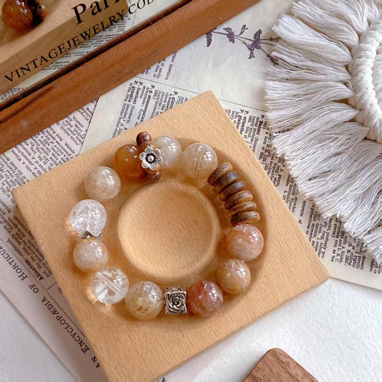 Natural Phantom Quartz, Rabbit-Hair Quartz & Agarwood Wooden Bead Bracelet