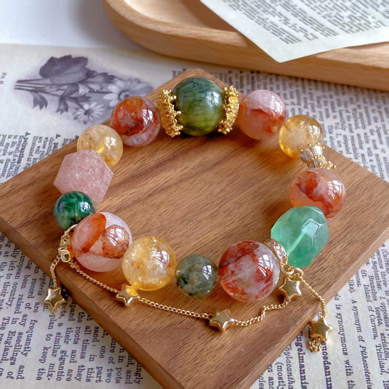 Green Jade, Fluorite & Red Resin Crystal Bracelet