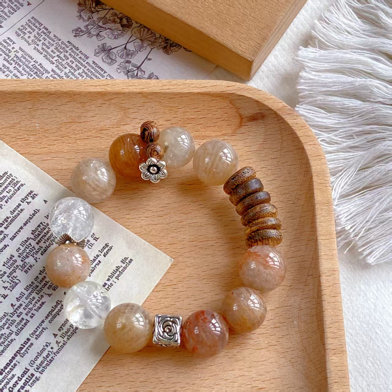 Natural Phantom Quartz, Rabbit-Hair Quartz & Agarwood Wooden Bead Bracelet