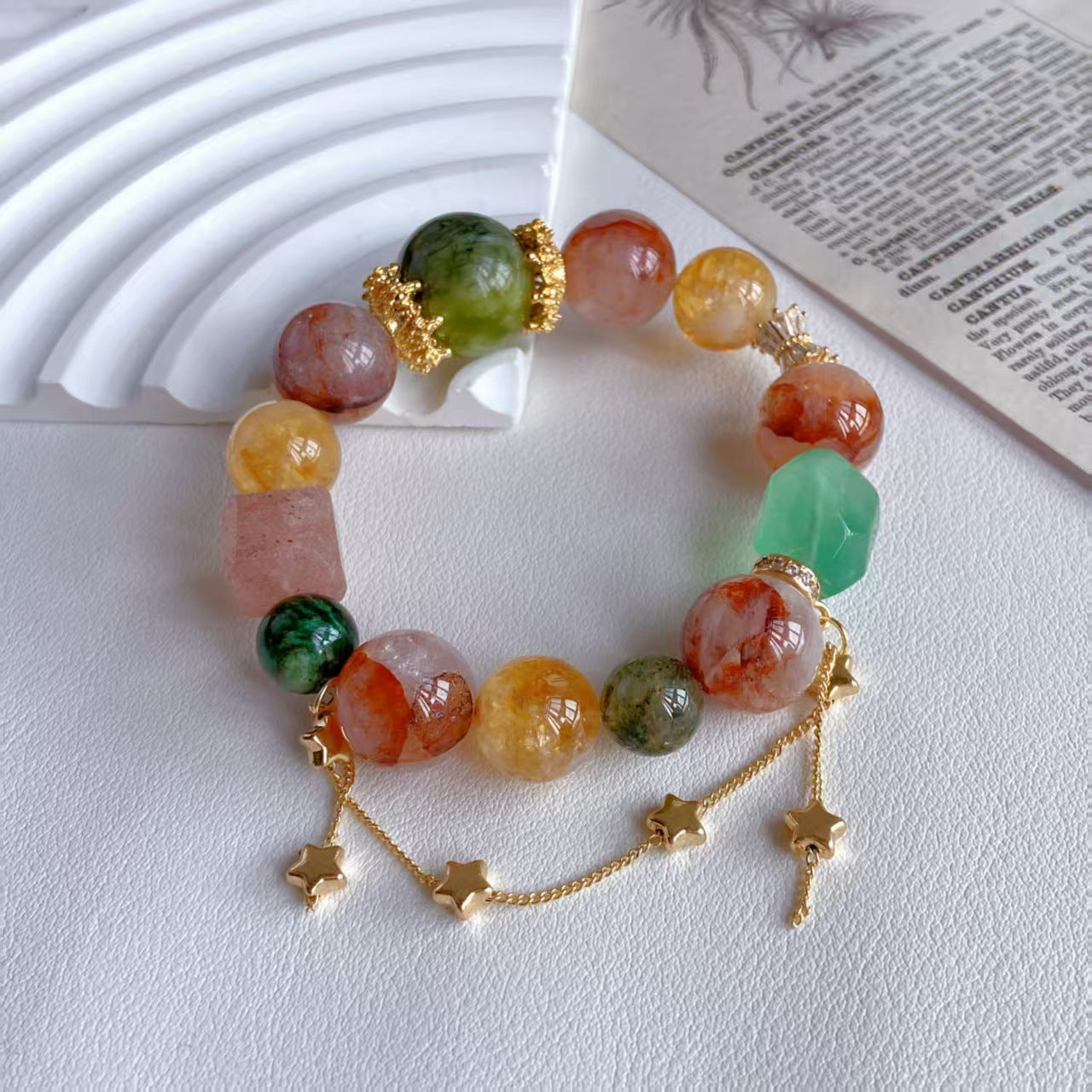 Green Jade, Fluorite & Red Resin Crystal Bracelet